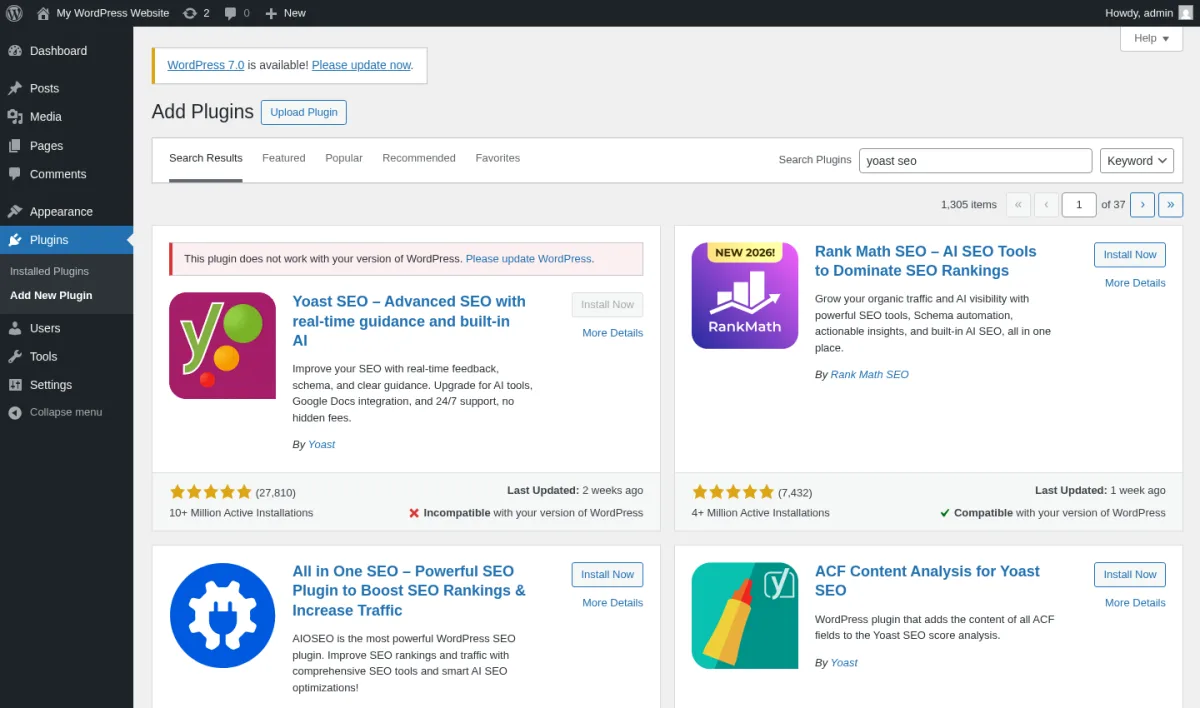 WordPress Add Plugins screen with the search term Yoast SEO typed in and Yoast SEO, Rank Math, All in One SEO, and AI Content Protection tiles visible with Install Now buttons.