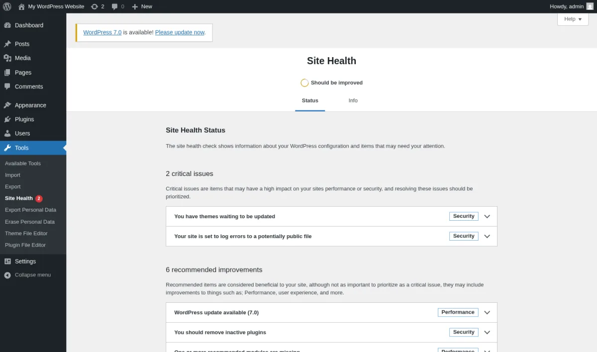 WordPress Site Health Status page with a Should be improved indicator and the 2 critical issues plus 6 recommended improvements sections expanded.