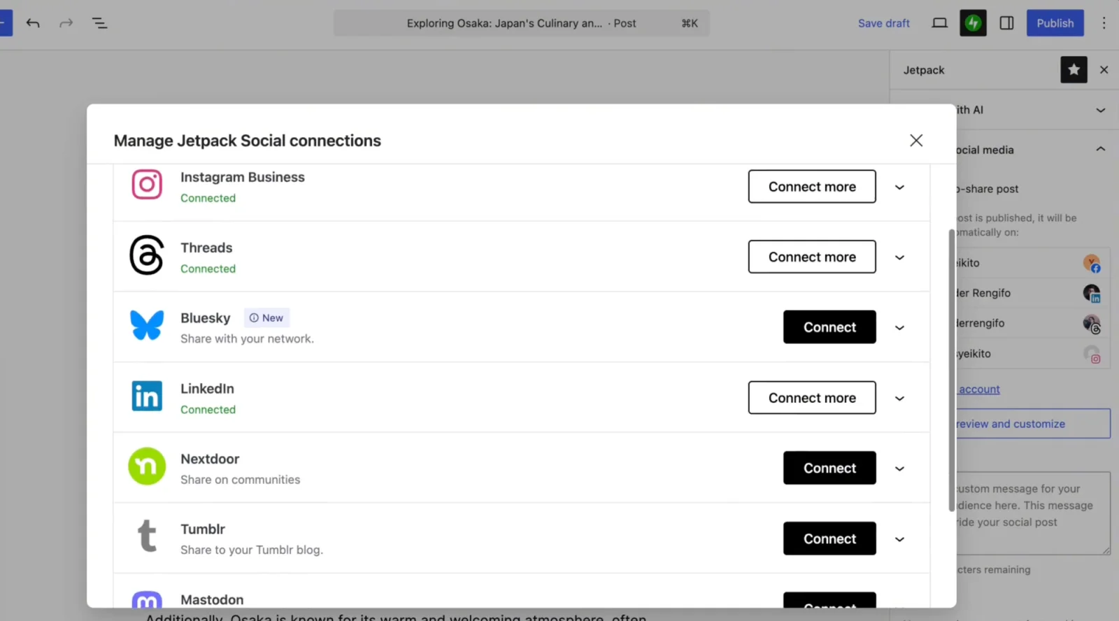 Manage Jetpack Social connections modal in the WordPress editor listing Instagram Business, Threads, Bluesky, LinkedIn, Nextdoor, Tumblr and Mastodon with Connect buttons