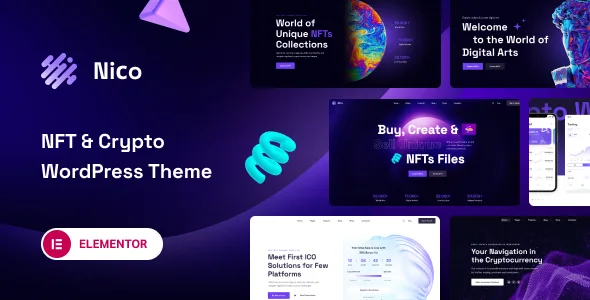Niro WordPress theme preview banner showing the creative NFT-affiliate homepage with OpenSea importer and Elementor module demos
