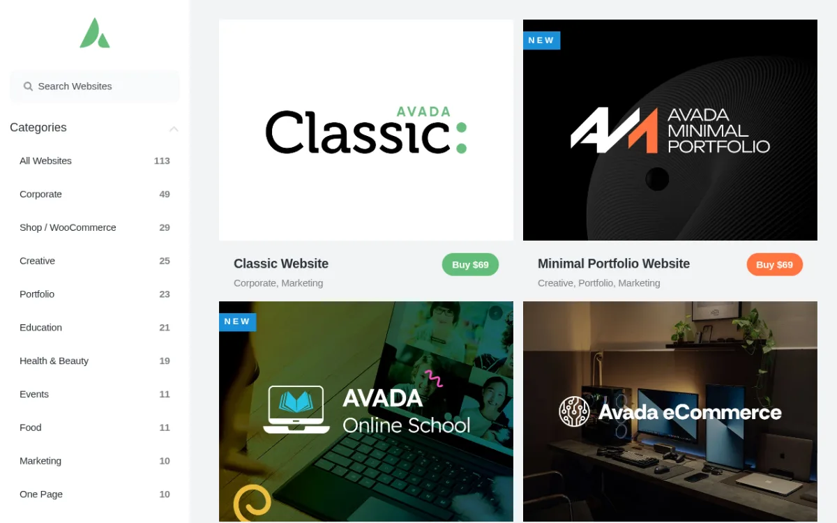 Avada prebuilt websites showcase screenshot