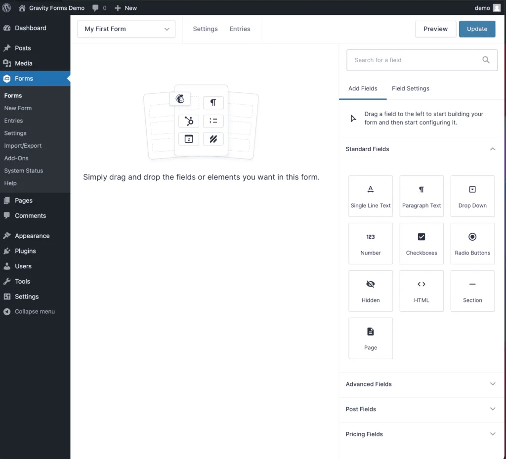 Gravity Forms form editor inside the WordPress admin showing the My First Form drag-and-drop canvas on the left and the Standard Fields panel on the right with Single Line Text, Paragraph Text, Drop Down, Number, Checkboxes, Radio Buttons, Hidden, HTML, Section and Page field tiles