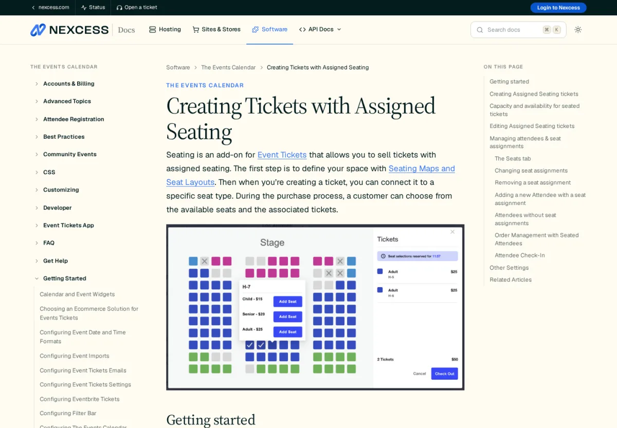 The Events Calendar's assigned-seating ticket setup, showing the interactive seat-layout picker embedded in official documentation