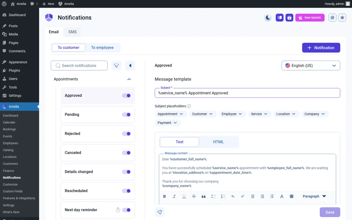 Amelia admin Notifications — email and SMS template list across booking events