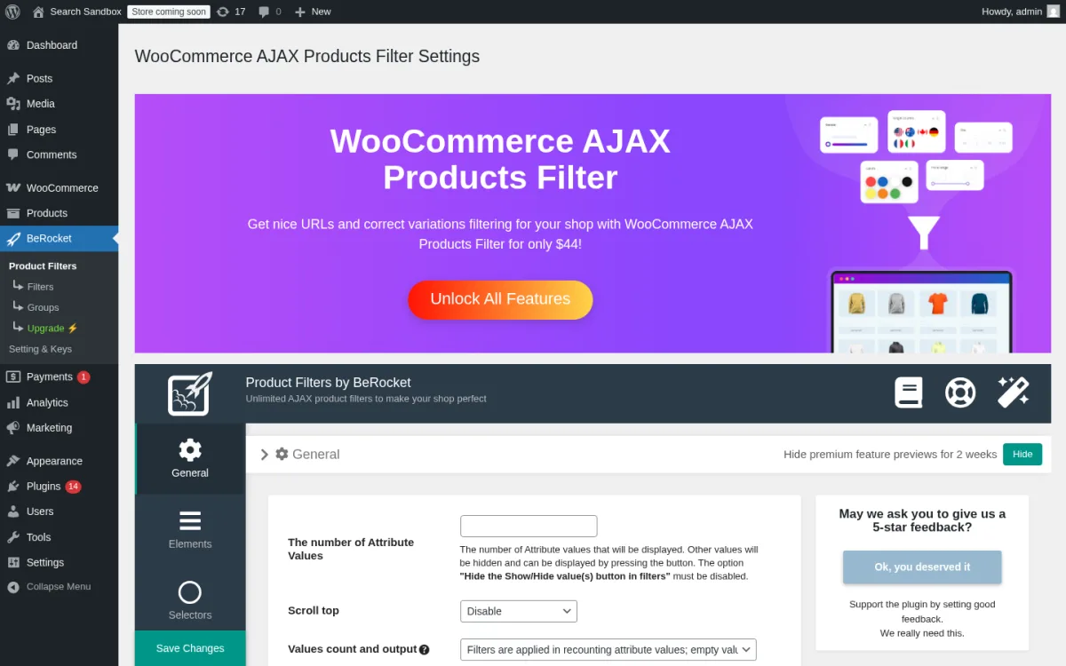 BeRocket Advanced AJAX Product Filters 3.2.0.3 Product Filters admin landing on a clean WordPress 6.9.4 + WooCommerce 10.8.1 sandbox showing the BeRocket sidebar with Filter Groups, Filter Builder, Settings and the BeRocket account panel.