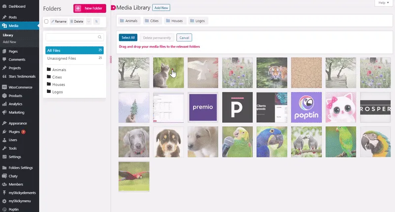Folders by Premio sidebar inside the WordPress admin with Animals, Cars, House and Logos folders, a Media Library grid of selected images and a Drag and drop your media files to the relevant folder banner at the top