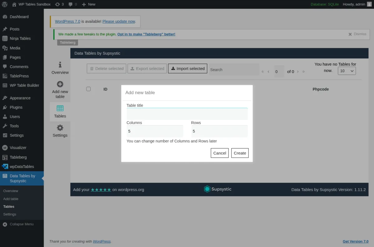 Data Tables Generator by Supsystic Add new table modal inside a real WordPress install showing the Table title text input, the Columns input with default value 5, the Rows input with default value 5, the helper text You can change number of Columns and Rows later, and the Cancel and Create buttons