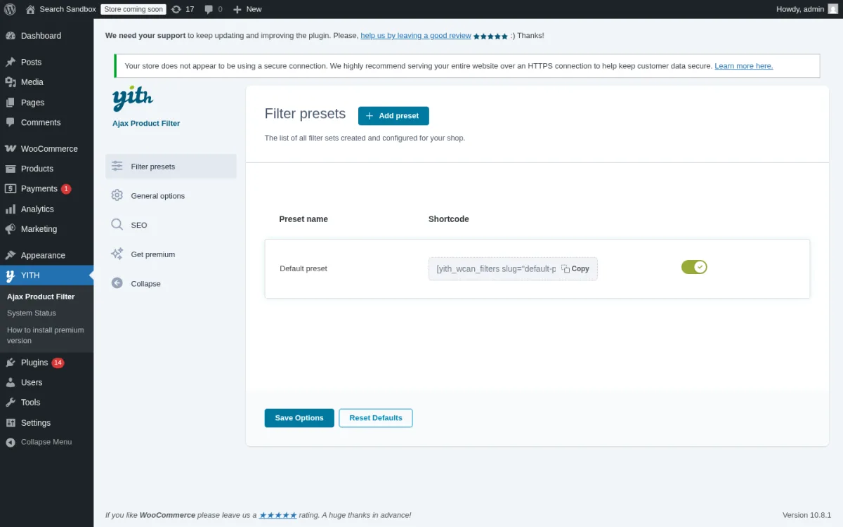 YITH WooCommerce Ajax Product Filter 5.20.0 Presets admin landing on a clean WordPress 6.9.4 + WooCommerce 10.8.1 sandbox showing the YITH navigation with Presets, General Settings and the in-product Free vs Premium comparison.
