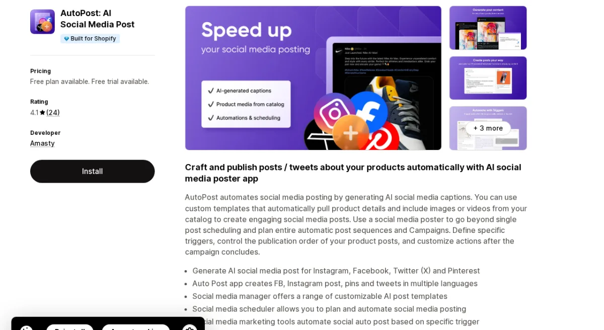 AutoPost AI Shopify social media app listing on the Shopify App Store