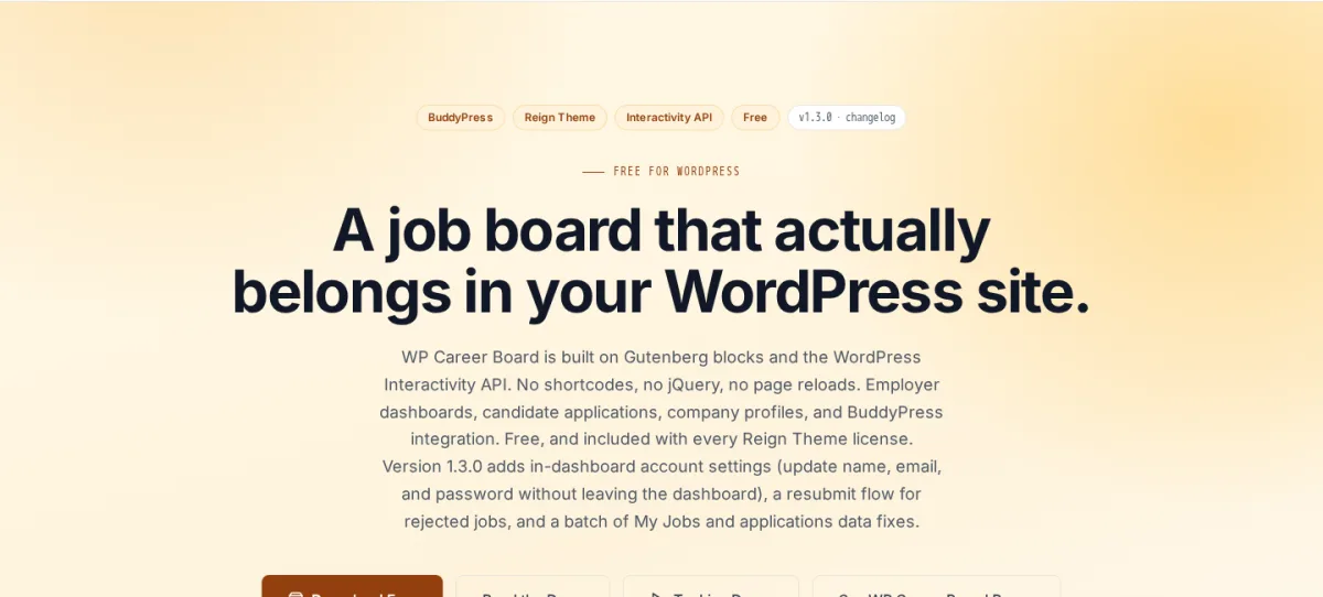 Official WP Career Board product page showing the Gutenberg-native job board positioning, live dashboards, applications, company profiles, and BuddyPress integration