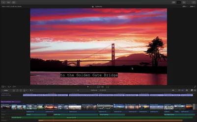 Final Cut Pro for Mac editor UI showing a Golden Gate Bridge sunset clip in the viewer above a magnetic timeline with video and audio tracks