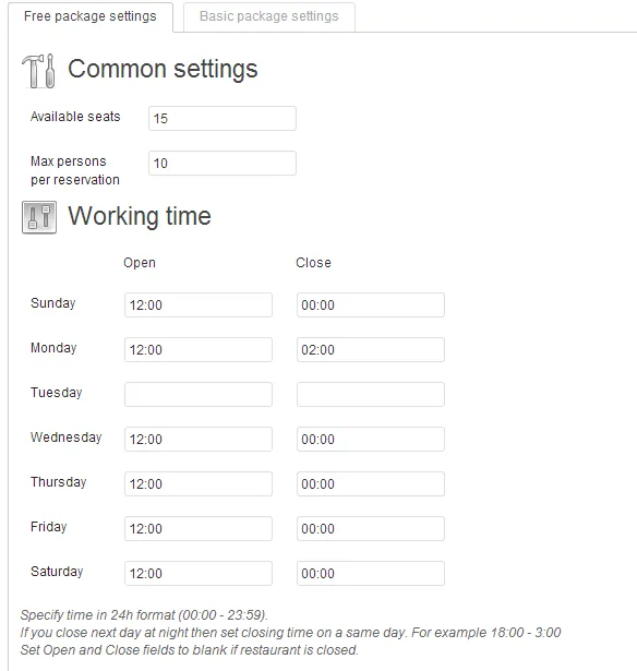 ReDi Restaurant Reservation Free package settings panel showing Available seats, Max persons per reservation and Open and Close Working time hours for every day of the week