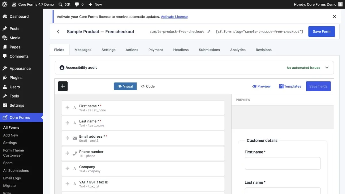 Core Forms drag-and-drop field builder in the WordPress admin showing the form editor with field types panel on the left and a live contact form preview on the right