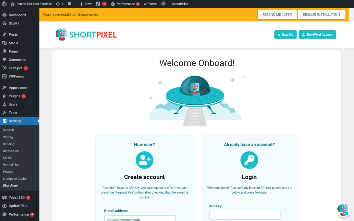 ShortPixel Welcome Onboard screen in WordPress admin offering Create account or Login with API Key to start optimizing the media library.