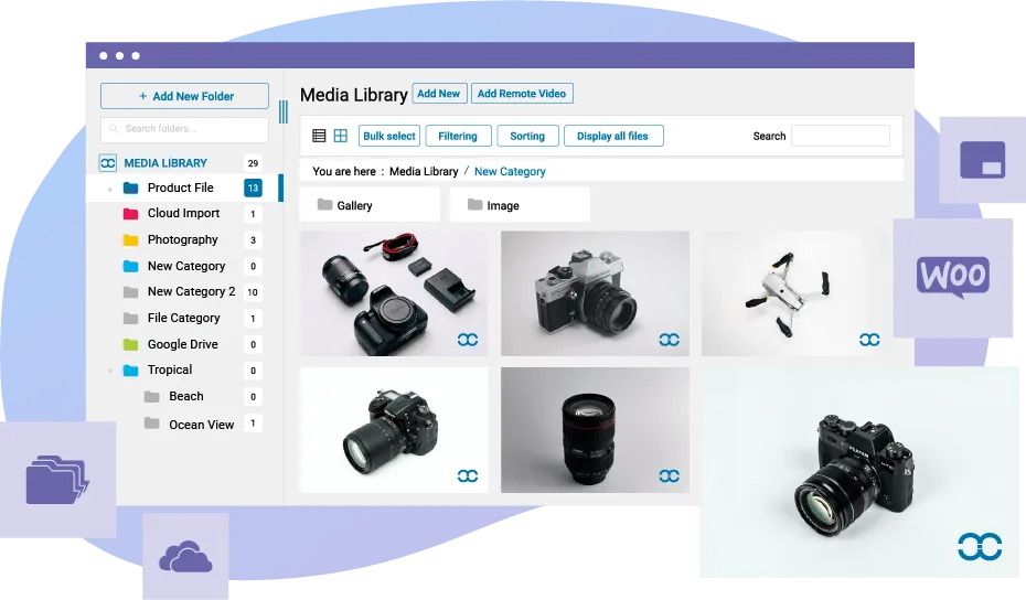 WP Media Folder by JoomUnited Media Library admin with a left sidebar of Product File, Cloud Import, Photography, New Category, File Category, Google Drive and Tropical folders with file counts, and a grid of camera and lens product images on the right
