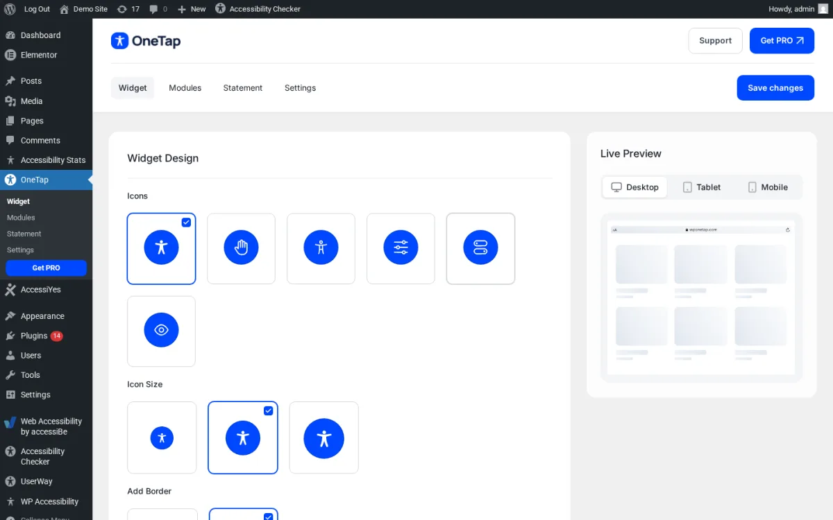 OneTap Widget Design tab in WordPress admin showing the Icons picker, the Icon Size picker, the Add Border toggle, the Widget Modules, Statement, Settings, and Get PRO sidebar entries, and the Live Preview iframe with Desktop, Tablet, and Mobile tabs on the right