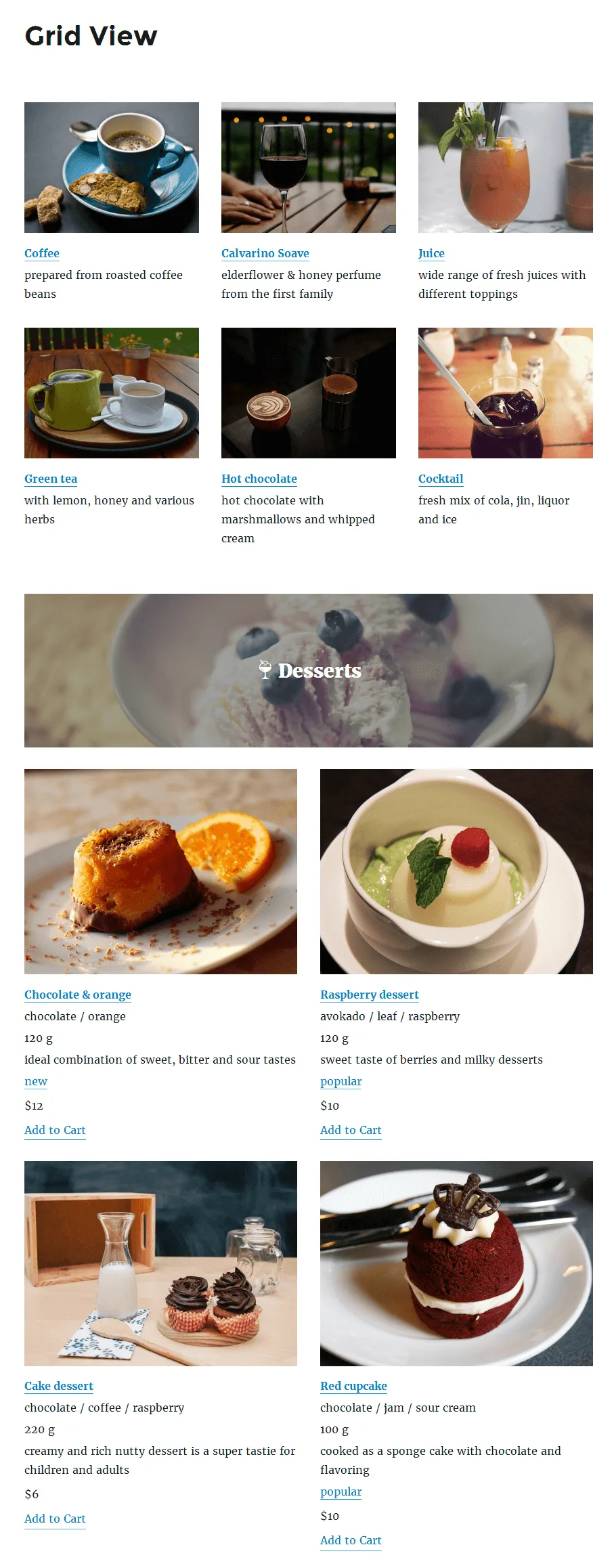 MotoPress Restaurant Menu frontend Grid View of menu items, with category sections, item photos, item names, prices and Add to Cart links
