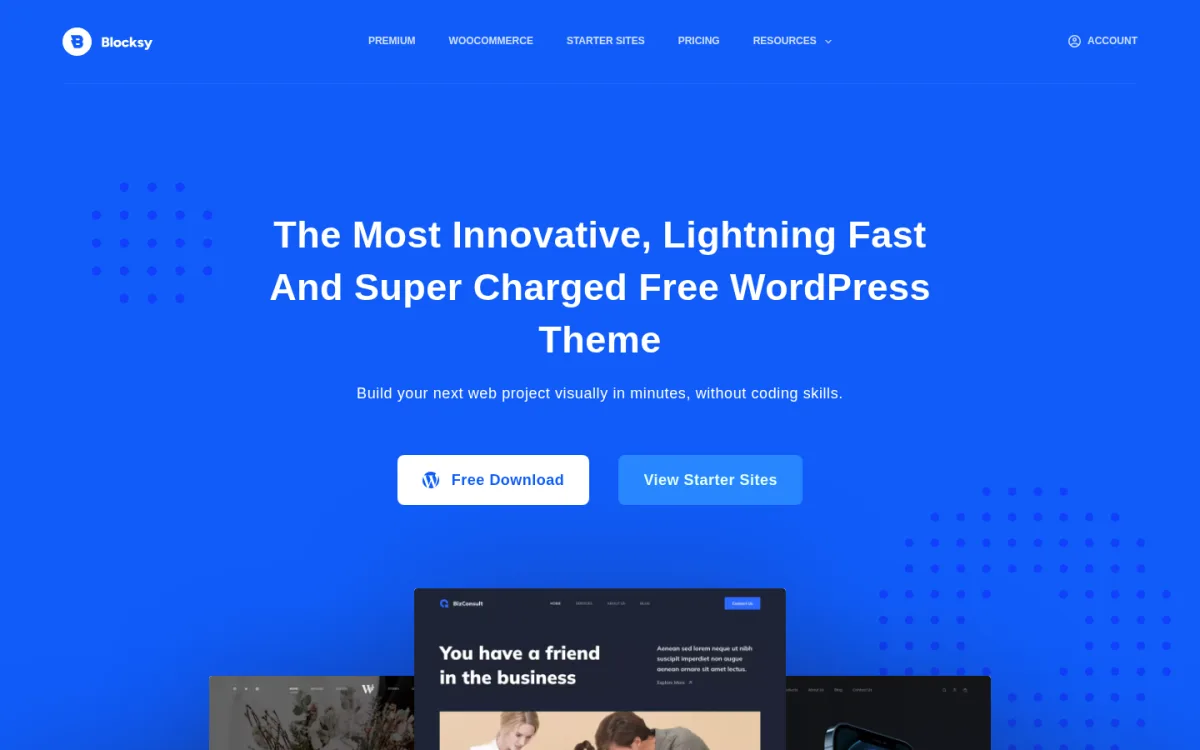 Blocksy vendor homepage hero showing the 