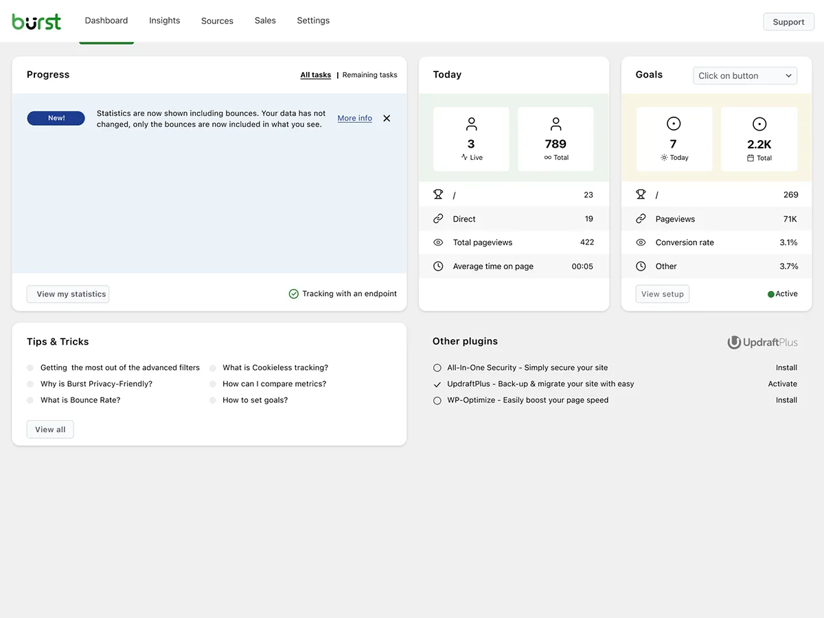 Burst Statistics analytics dashboard inside the WordPress admin showing visitors and pageviews line chart, conversions, top posts table and referrer breakdown with a clean modern layout