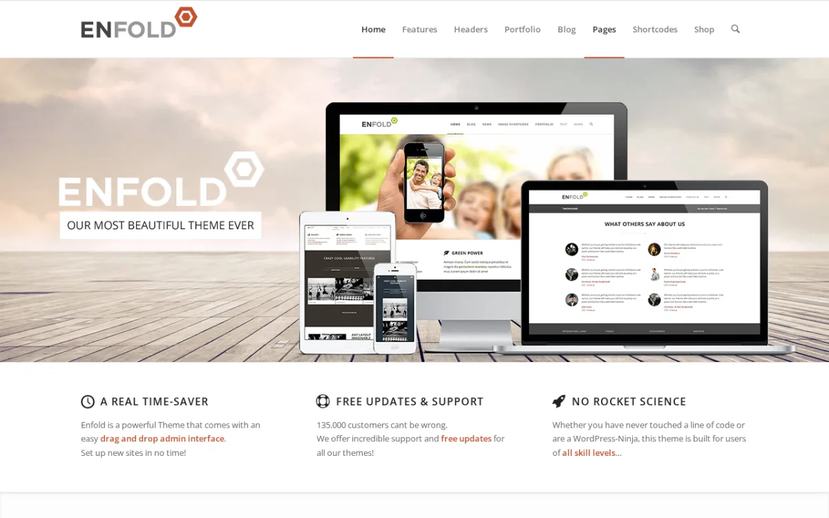 Enfold theme marketing page showing the most beautiful theme tagline and corporate demos (kriesi.at/themes/enfold, captured 2026-05-23)