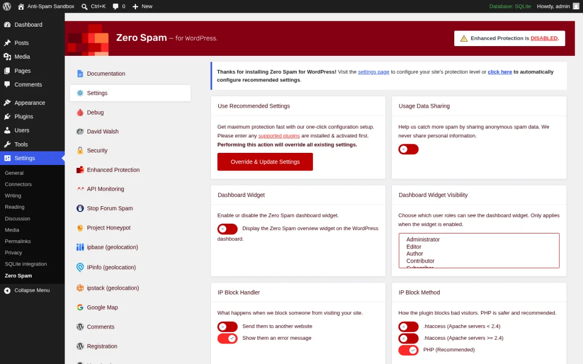 Zero Spam for WordPress 5.5.8 Settings page inside a real WordPress 7.0 install showing the deep red dashboard header with the Zero Spam for WordPress brand and Enhanced Protection upsell badge, the long tab strip (Documentation, Settings, Debug, David Walsh, Security, Enhanced Protection, API Monitoring, Stop Forum Spam, Project Honeypot, IPInfo, ipbase, ipstack, Google Maps, Comments, Registration), the Thanks for installing welcome panel with the Use Recommended Settings + Override & Update Settings buttons, the Usage Data Sharing card (Help us catch more spam by sharing anonymous spam data), the Dashboard Widget visibility checklist (Administrator, Editor, Author, Contributor), the IP Block Method explanation (htaccess for performance, PHP for compatibility) and the Send them to external website / IP Block Redirect URL controls.