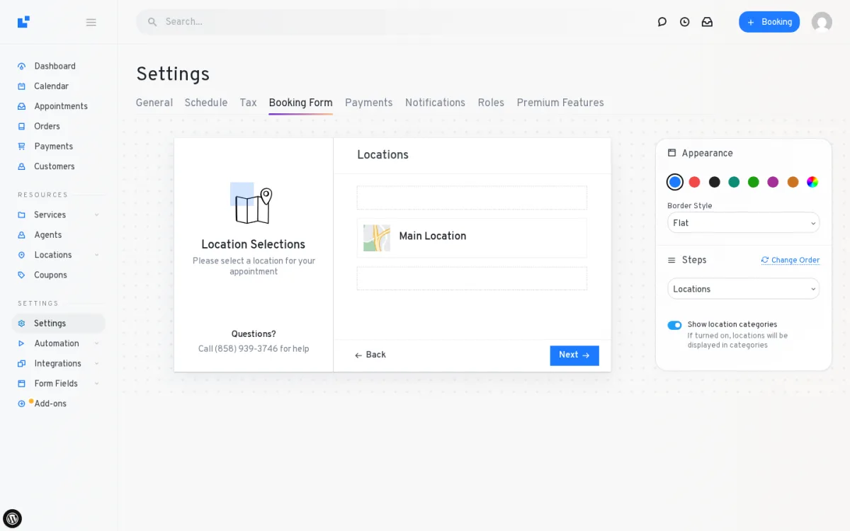 LatePoint Booking Form Settings live preview with Appearance panel, Border Style dropdown, and drag-to-reorder Steps panel