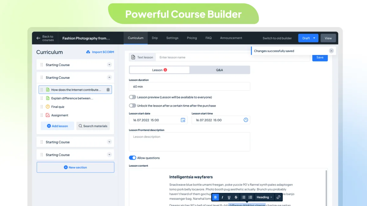 MasterStudy LMS course builder inside the WordPress admin showing the curriculum sections, lessons, quizzes and assignments with drag-and-drop ordering
