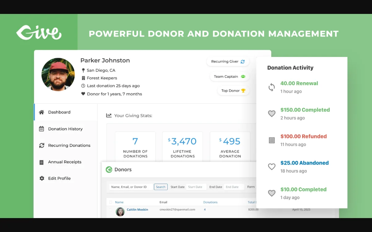 GiveWP donor management screen showing donor profile, donation history, lifetime giving total, and donation activity feed