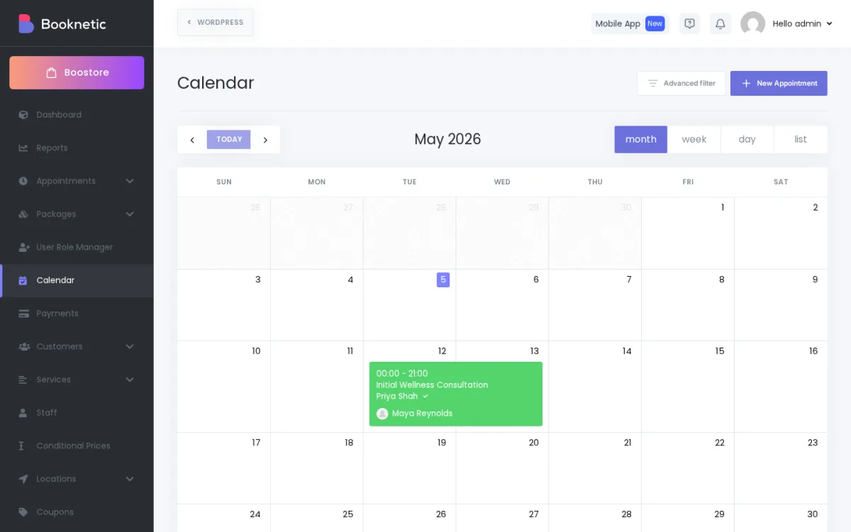 Booknetic admin calendar showing the booked appointment on May 12