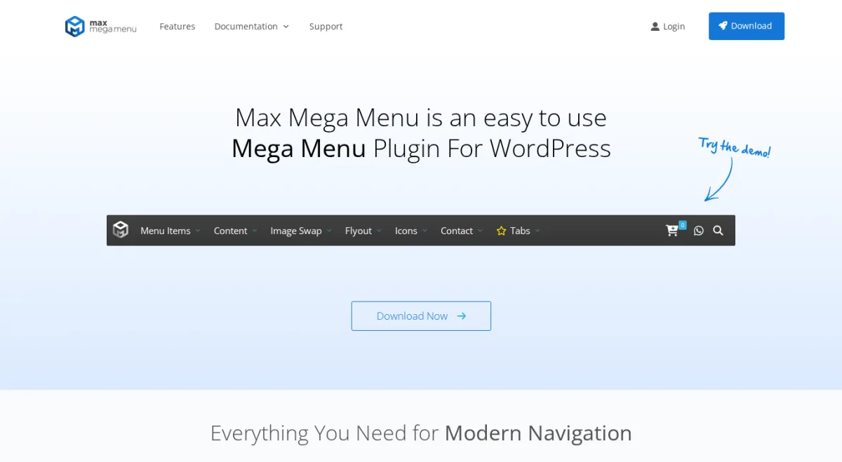 Max Mega Menu live demo on megamenu.com showing the mega menu bar with icons, badges, cart and search