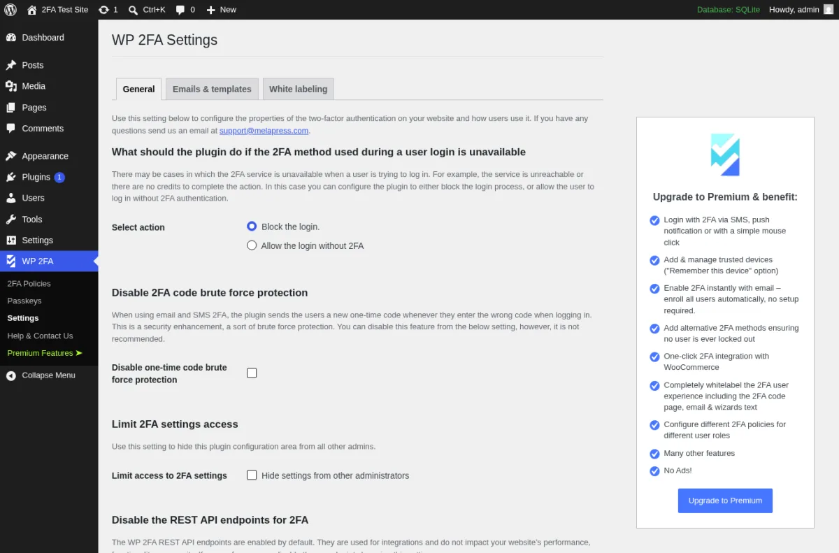 WP 2FA Settings page in WordPress admin showing the General, Emails and Templates, and White labelling tabs, the Select action radios for 2FA brute-force protection, and the Premium upsell panel on the right
