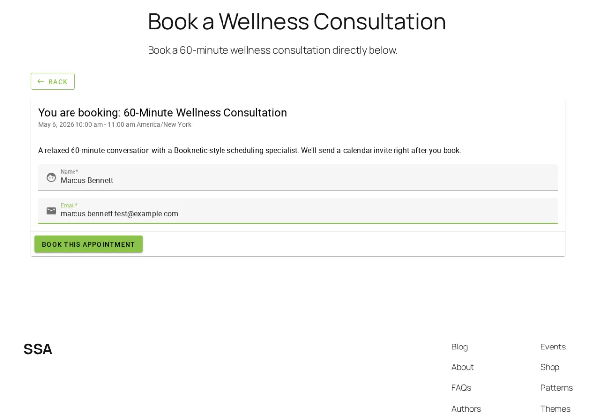 Simply Schedule Appointments — front-end Customer Information step with timezone auto-detection