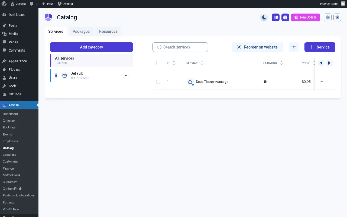 Amelia admin Catalog — Default category with Deep Tissue Massage service