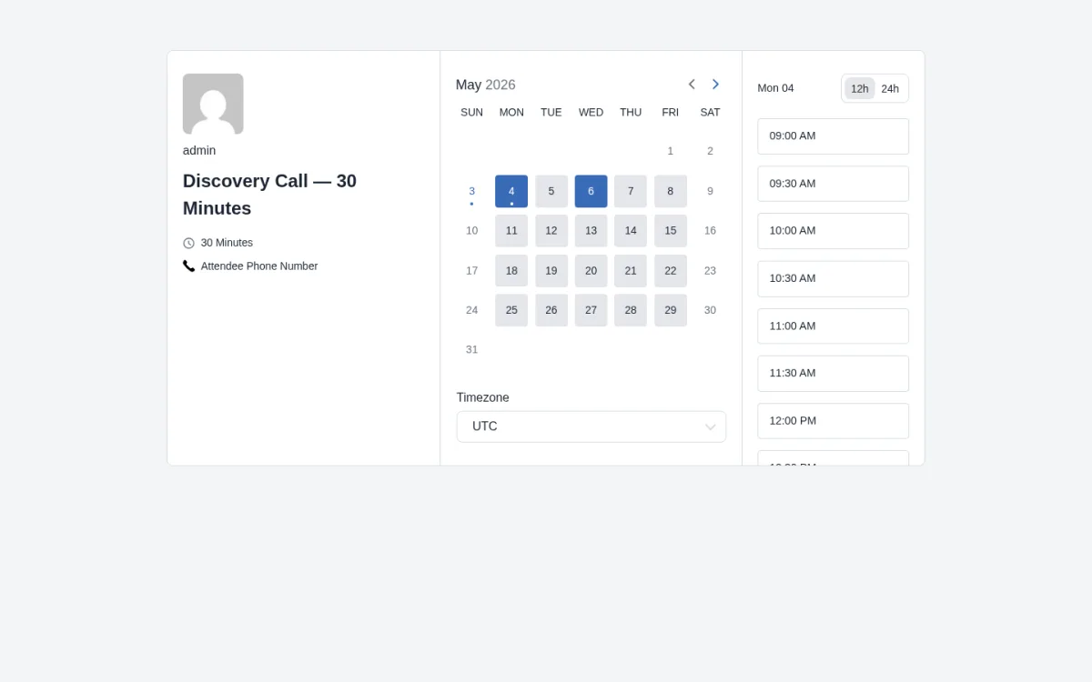 FluentBooking public date picker with available time slots