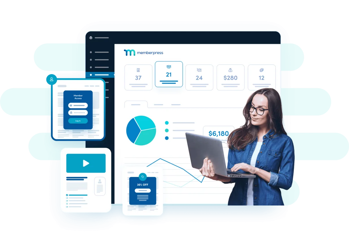 MemberPress WordPress membership plugin admin showing membership levels, content protection rules and the ReadyLaunch page builder