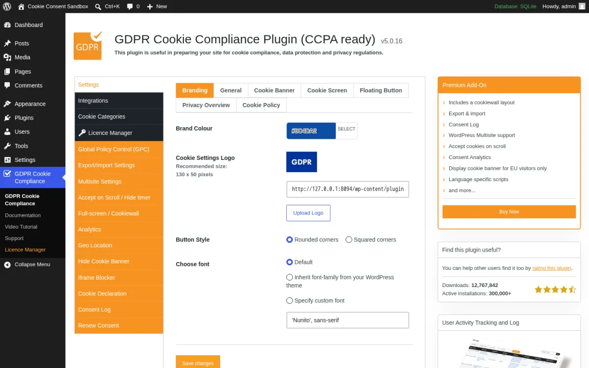 GDPR Cookie Compliance by Moove Agency settings screen inside WordPress admin showing privacy overview, cookie policy and floating button controls