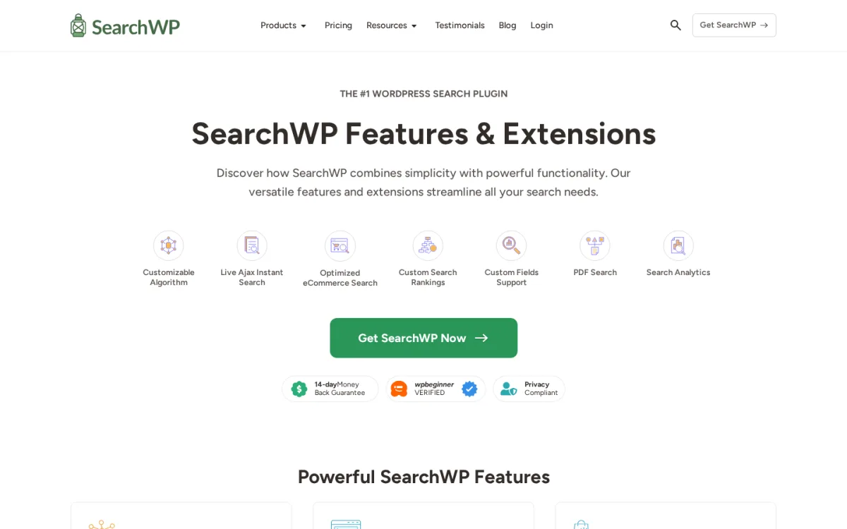 SearchWP Features and Extensions page on searchwp.com listing Customizable Algorithm, Live Ajax Instant Search, Optimized eCommerce Search, Custom Search Rankings, Custom Fields Support, PDF Search and Search Analytics with the Get SearchWP Now CTA and the 14-day Money Back Guarantee badge.