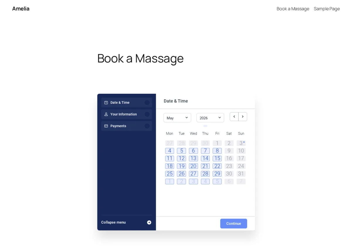 Amelia front-end booking widget — Date and Time step with calendar