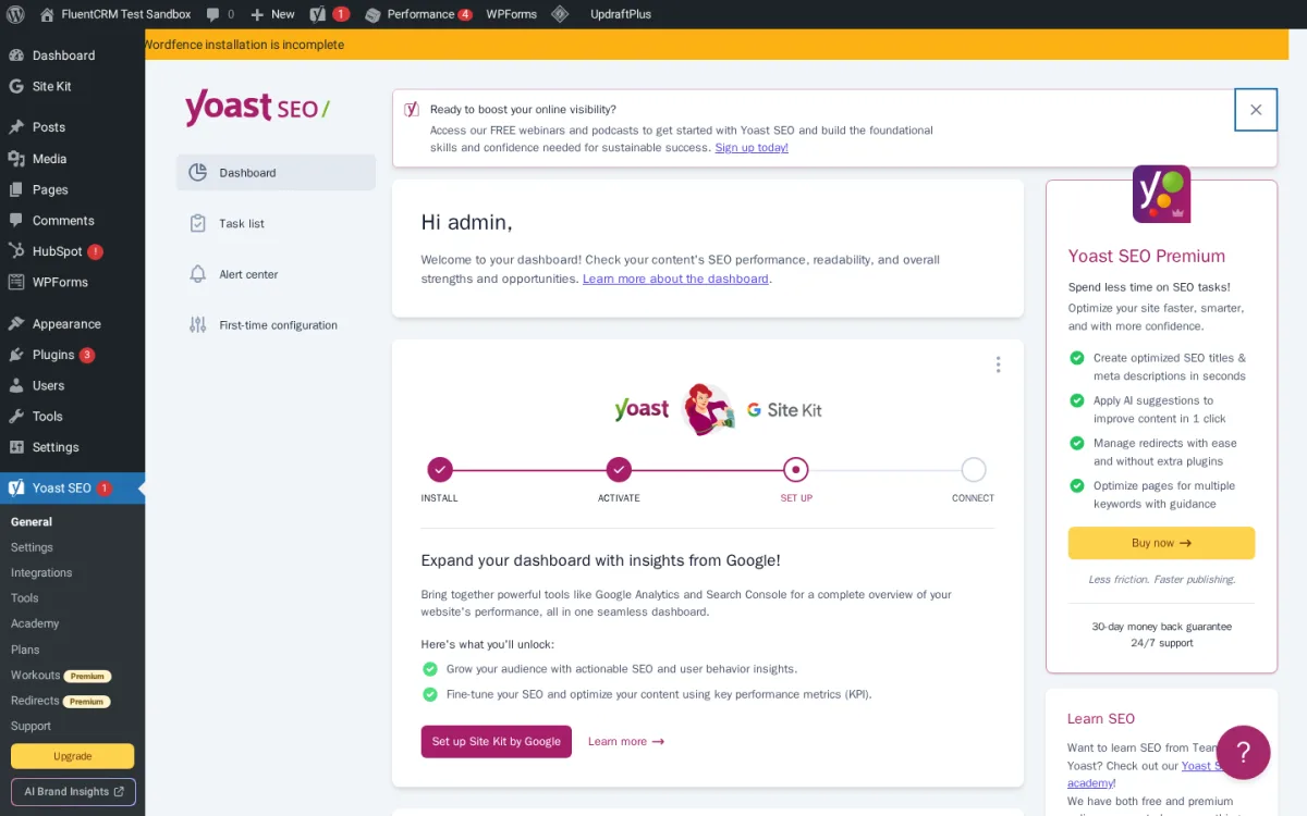 Yoast SEO plugin dashboard in WordPress admin showing the setup tour with SEO analysis, readability, and Site Kit integration card.