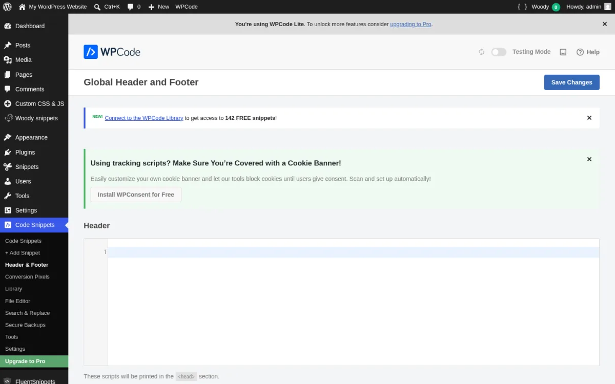 WPCode Header & Footer admin page with the three sitewide Header, Body, and Footer textareas, the You're using WPCode Lite upsell bar, and the Pro lock icon on the Body Scripts field.