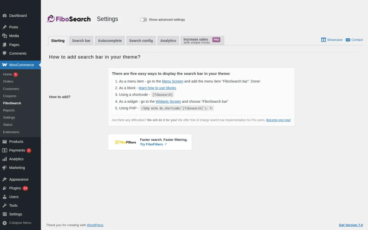 FiboSearch (AJAX Search for WooCommerce) Settings page on a clean WordPress 7.0 plus WooCommerce 10.8 sandbox showing the Starting tab with How to add the search bar in your theme (menu, block, shortcode, widget, PHP) and the tab navigation (Starting, Search bar, Autocomplete, Search config, Analytics, Increase sales PRO).