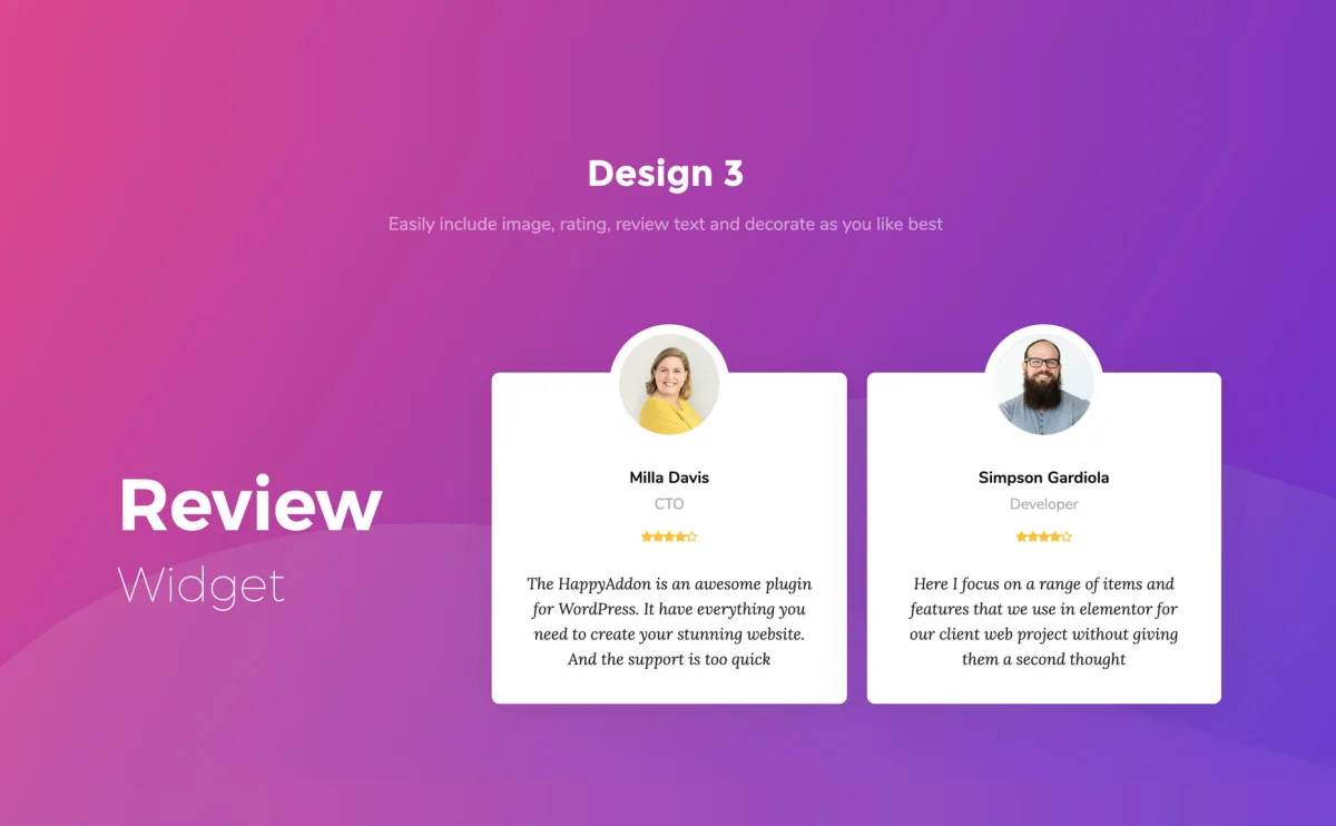 Happy Addons review widget for Elementor showing a card with offset image, headline, and star rating
