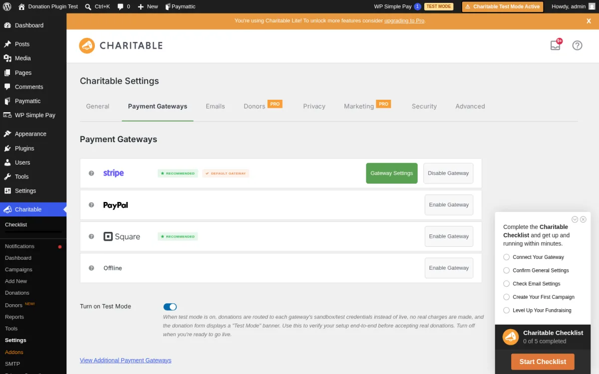 Charitable payment gateway settings showing PayPal, Stripe, and offline donation options