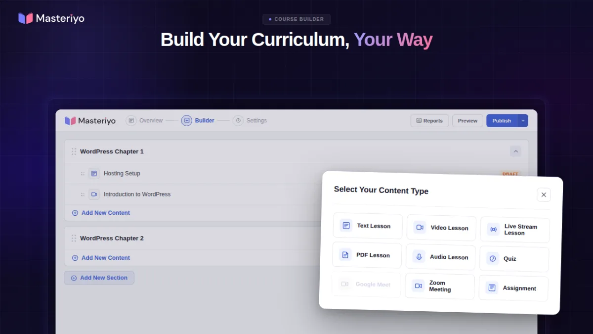 Masteriyo LMS lesson builder inside the WordPress admin showing the isolated block editor for lessons with content, video, and lesson settings