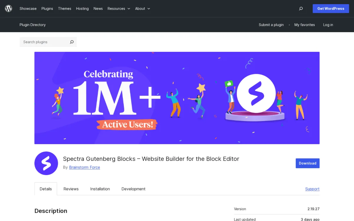 Spectra Gutenberg Blocks free WordPress page builder WordPress.org listing in 2026