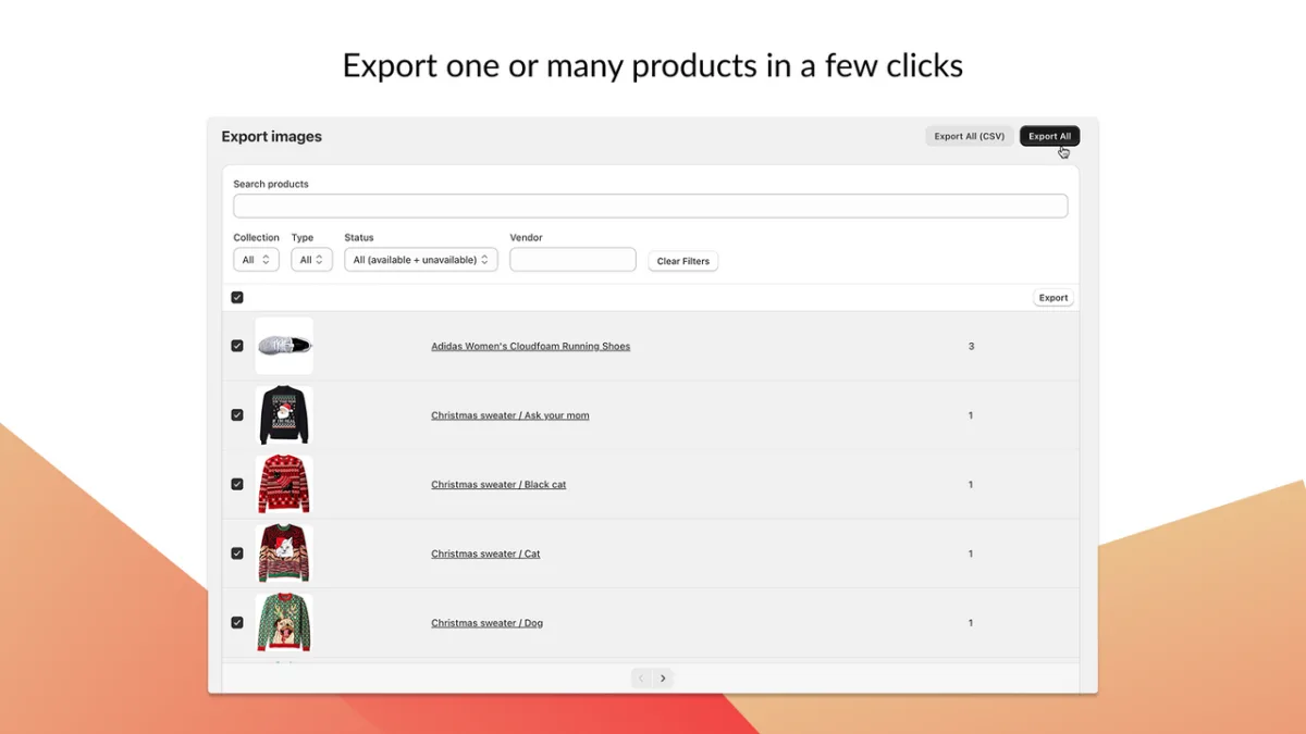 Mega Media Exporter showing product table with options to export images and videos in bulk