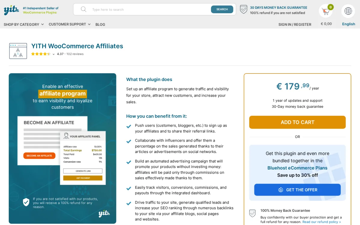 YITH WooCommerce Affiliates plugin product page showing premium licensing options and 30 day money-back guarantee