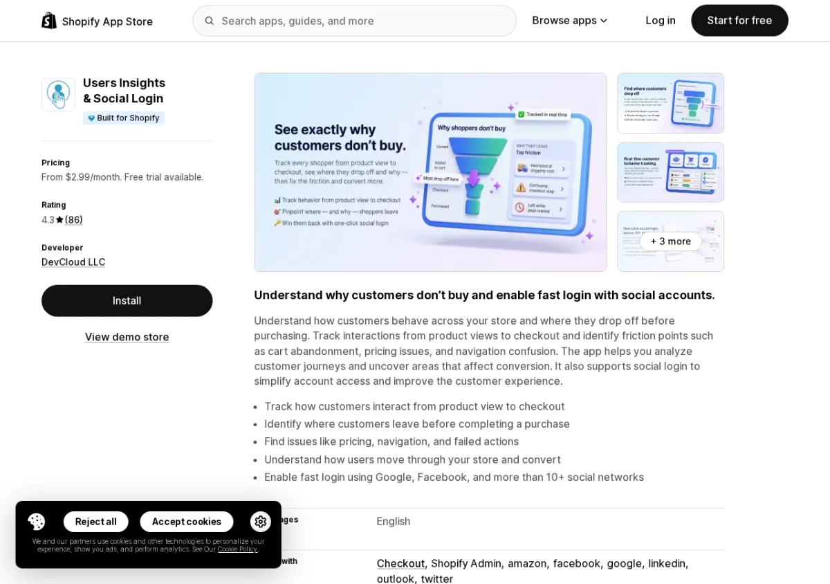 Users Insights and Social Login by DevCloud Shopify App Store listing showing the app name, 4.3-star rating, and analytics dashboard screenshots
