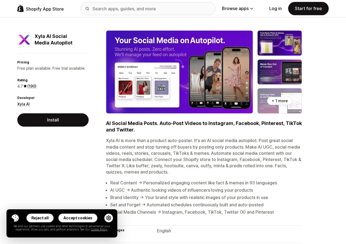 Xyla AI Social Media Autopilot Shopify App Store listing showing the app name, 4.7-star rating, and auto-posting feature screenshots