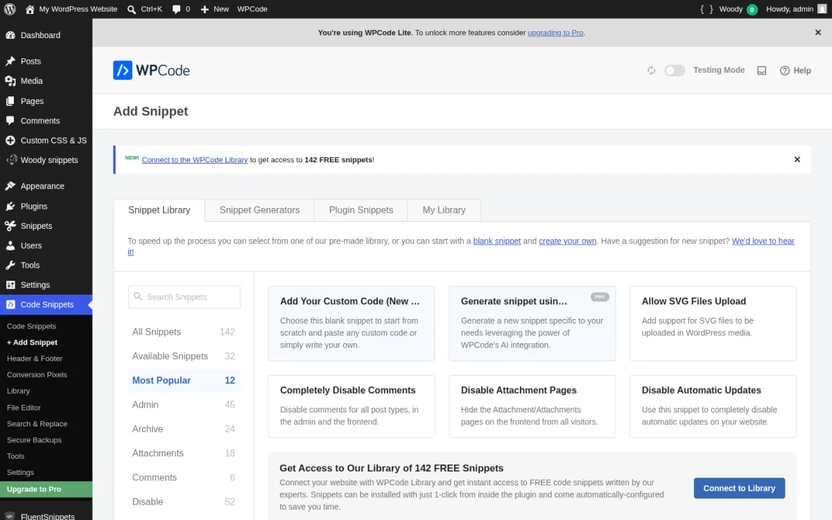 WPCode Add Snippet screen showing the Snippet Library tab with 142 free expert-vetted snippets, the four sub-tabs (Snippet Library, Snippet Generators, Plugin Snippets, My Library), the category filter sidebar (Most Popular, Admin, Archive, Author, Disable, Login, Maintenance, Performance, Security, Sidebar, Theme), and the Connect to Library Pro upsell.